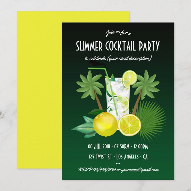 Convite para festa de coquetéis de verão para qual (Frente/Verso)