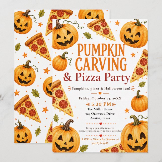 Convite para Festa de Decoração de Abóboras e Pizz (Frente/Verso)