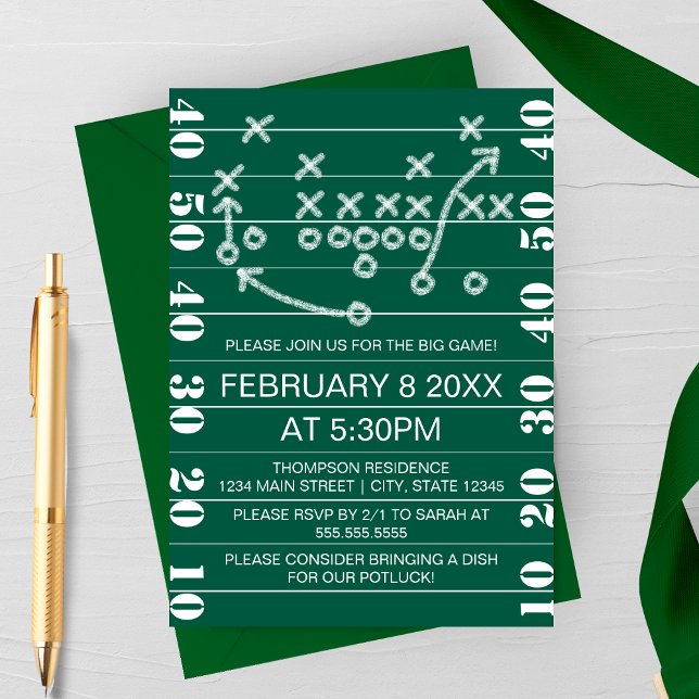 Convite para Festa de Diagramas de Jogadas de Fute (Big Game Football Watch Party Invitation with Football field, and game play )