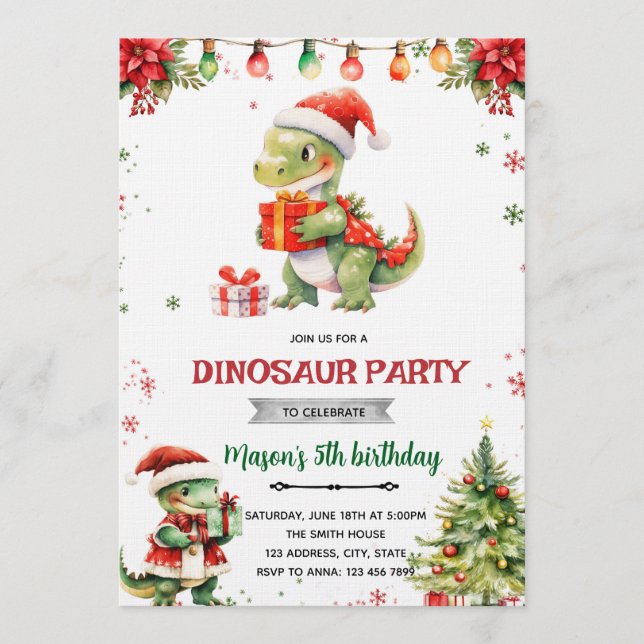 convite para festa de dinossauro de Natal (Frente)