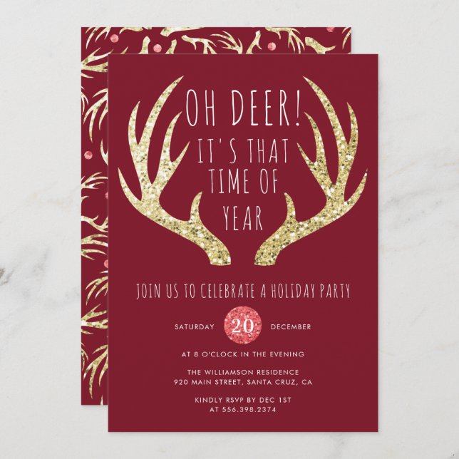 Convite para Festa de Férias de Natal Deer Antlers (Frente/Verso)