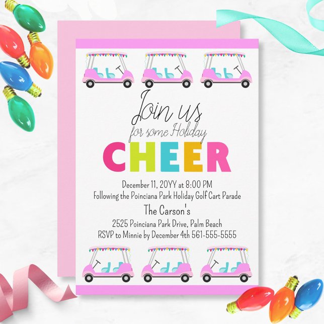 Convite para Festa de Férias do Carrinho de Golfe  (Fun Pink Holiday Golf Cart Parade Party Invitation. Holiday Cheer in tropical style)