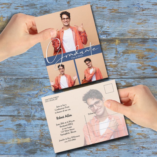 Convite para Festa de formatura Azul Multifoto (Multi Photo Blue Graduation Party Invitation Postcards)
