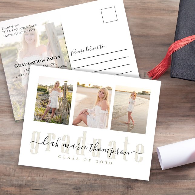 Convite para Festa de formatura de Colagem de Foto (Graduation classic gold invitation postcard with photo collage template. )