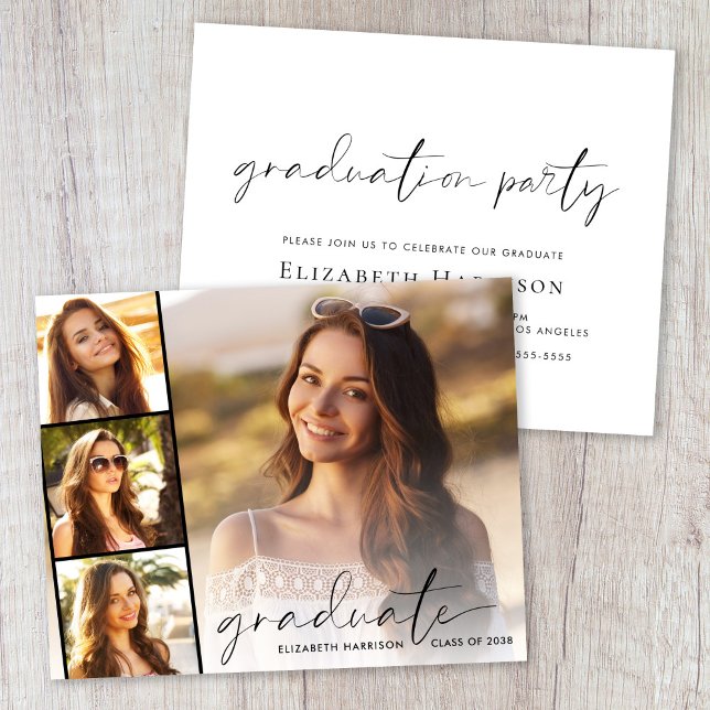 Convite para Festa de formatura de Faixa de Fotos  (A personalized photo graduation party invitation to celebrate the graduate's achievements)
