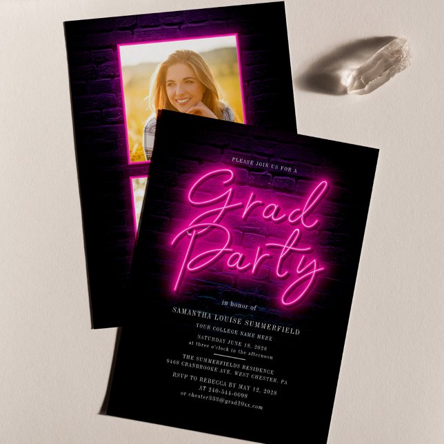 Convite para Festa de formatura de Fotografia Neon (Graduation Script Neon Pink Grad Photos Grad Party Invitation)