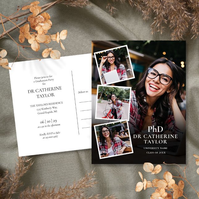 Convite para Festa de formatura de Fotografias do  (PhD Degree 4 Photo Graduation Party Invitation Postcard)