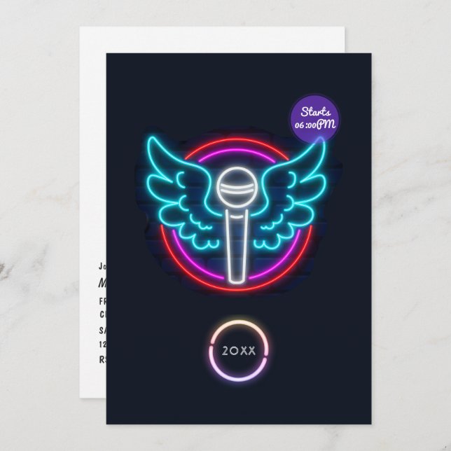 Convite para Festa de formatura de Microfone Neon (Frente/Verso)