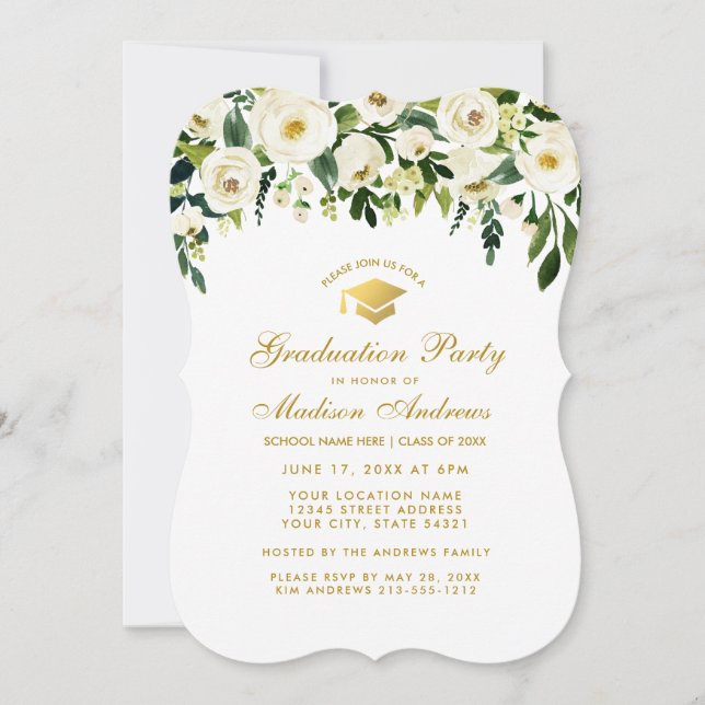 Convite para Festa de formatura Dourada Floral Ver (Frente)