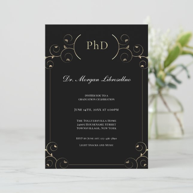Convite para Festa de formatura Dourada PhD Elegan (Em pé/Frente)