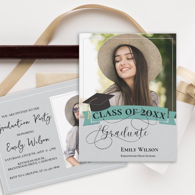 Convite para Festa de formatura Na moda 2 Photo 20 (Stylish 2 Photo 2025 Graduation Party Invitation Postcard)