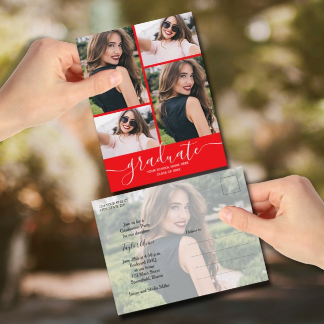 Convite para Festa de formatura Red Multi Photo (Red graduation party invitation postcards feature your favorite photos and details on the back.)