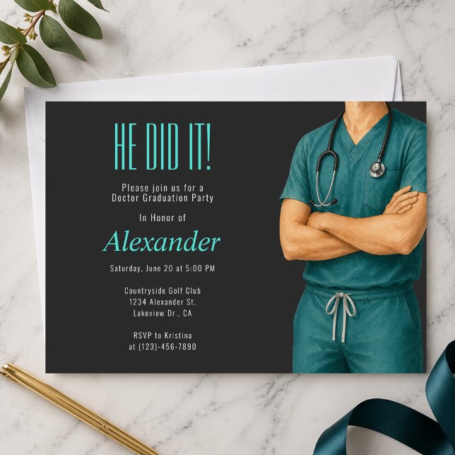 Convite para Festa de Fotos de Formatura de Doutor (Modern doctor graduation party invitation with photo, clean medical theme design)