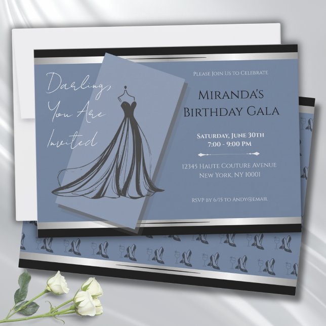 Convite para Festa de Gala da Moda Azul Cerúleo Ch (Chic cerulean blue fashion gala birthday invitation with silver accents & couture gown.)