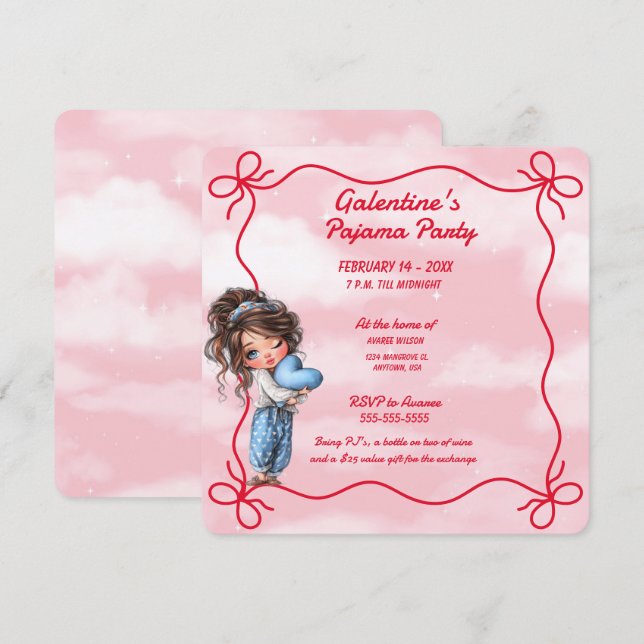 Convite para Festa de Galentines de Pijama (Frente/Verso)