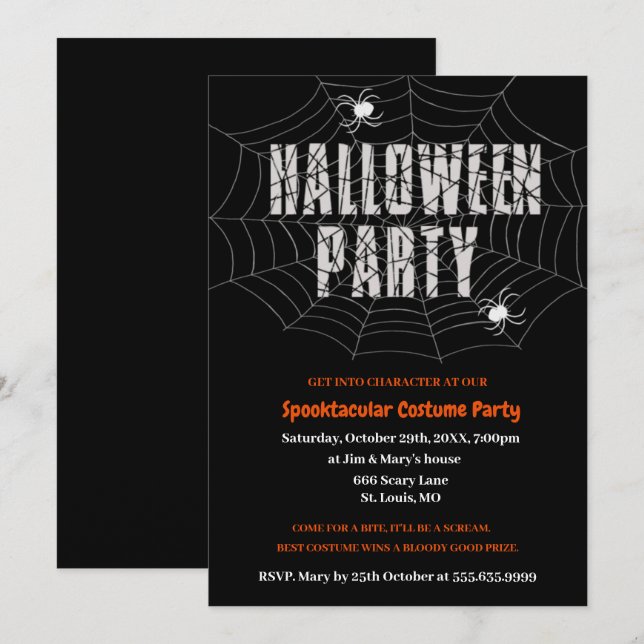 Convite para Festa de Halloween da Teia de Aranha  (Frente/Verso)
