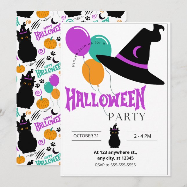 Convite para Festa de Halloween de Gatos (Frente/Verso)