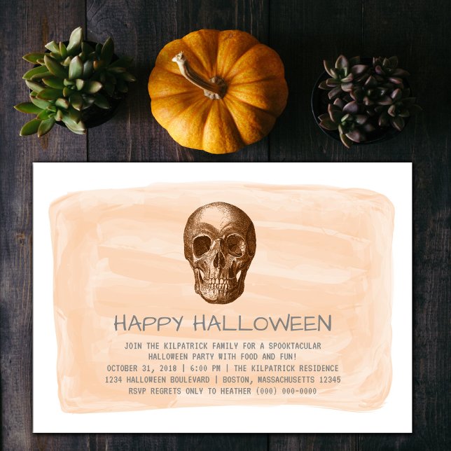 Convite para Festa de Halloween do Caveira Laranja (Orange Watercolor Skull Halloween Party Invite)