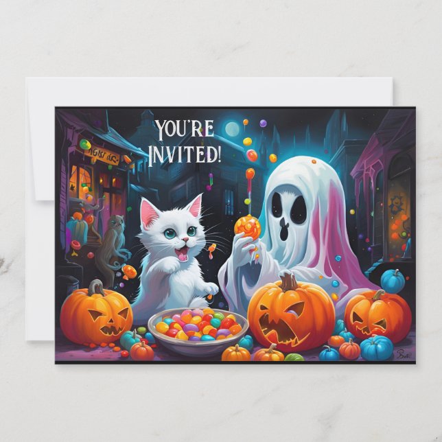 Convite para Festa de Halloween do Fantasma e Gati (Frente)