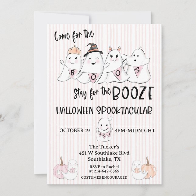 Convite para festa de Halloween do Fantasma Rosa-R (Frente)