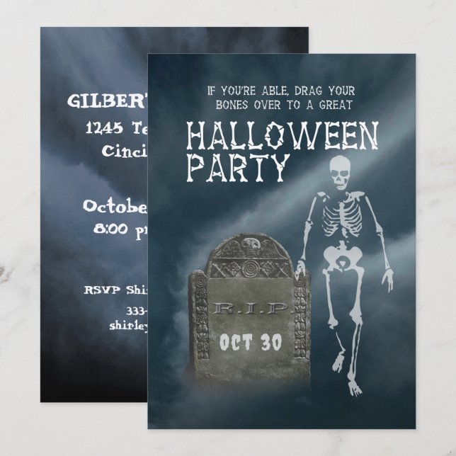Convite para Festa de Halloween Esqueleto e Lápide (Frente/Verso)