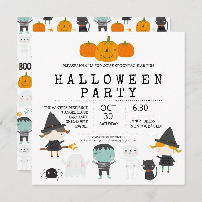 Convite para festa de Halloween moderna, fofa e di (Frente/Verso)
