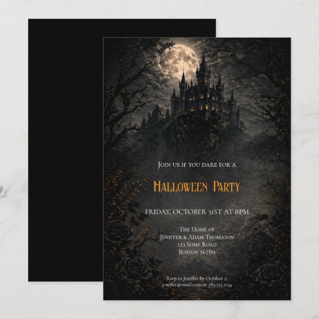 convite para festa de Halloween no Castelo Assombr (Frente/Verso)