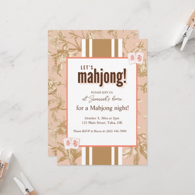 Convite para Festa de Mahjong, toile, peças de mah (Frente/Verso In Situ)