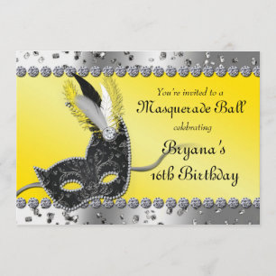 Convite para Festa de Mascarada Prata e Amarelo