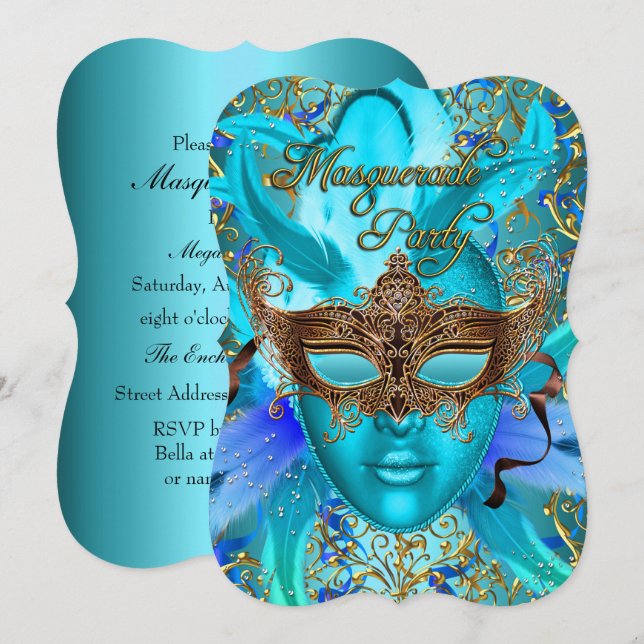 Convite para Festa de Máscaras com Máscara Teal e  (Frente/Verso)