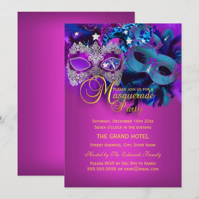 Convite para Festa de Máscaras de Azul Roxo e Rosa (Frente/Verso)