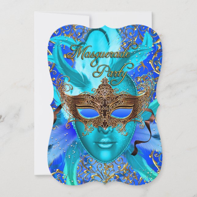 Convite para Festa de Máscaras Feather Blue & Gold (Frente)