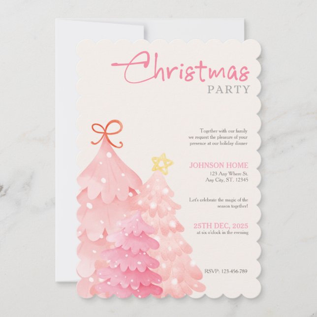 Convite para Festa de Natal Árvore de Natal Rosa (Frente)