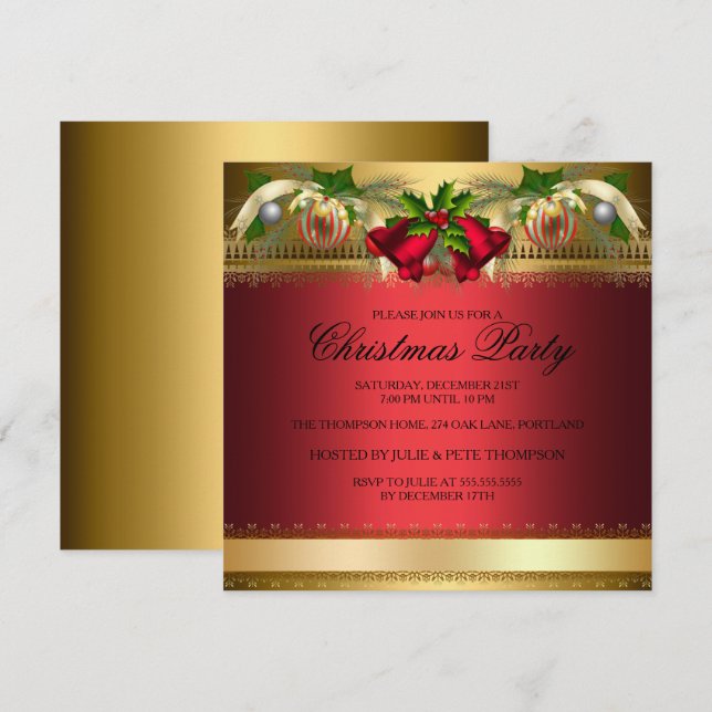 Convite para Festa de Natal Bolas e Sininhos Verme (Frente/Verso)