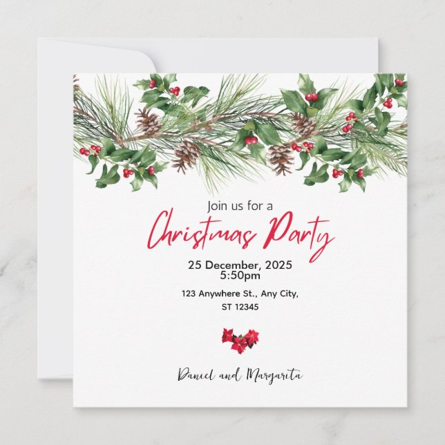 Convite para Festa de Natal com Aquarela Vermelha  (Frente)