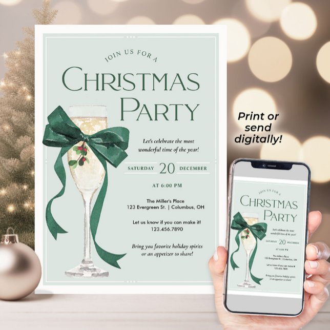 Convite para Festa de Natal com Laço Verde (Set the tone for a stylish holiday gathering with this elegant Christmas Party invitation. A classic)