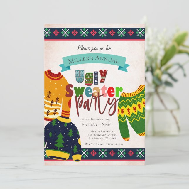 Convite para Festa de Natal com Padrão de Suéter F (Em pé/Frente)