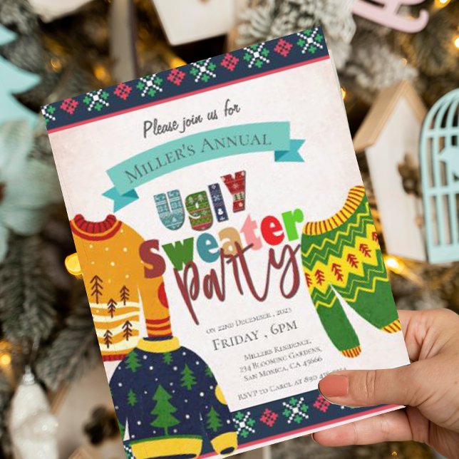 Convite para Festa de Natal com Padrão de Suéter F (Ugly Sweater Pattern Christmas Party Invitation Postcard)