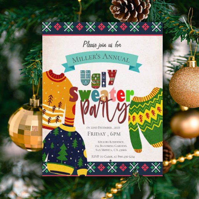 Convite para Festa de Natal com Padrão de Suéter F (Ugly Sweater Pattern Christmas Party Invitation)