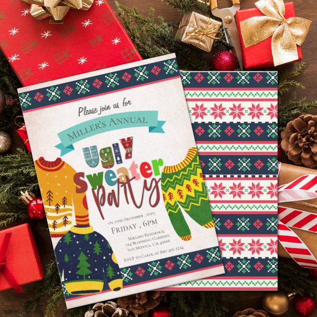 Convite para Festa de Natal com Padrão de Suéter F (Ugly Sweater Pattern Christmas Party Invitation)