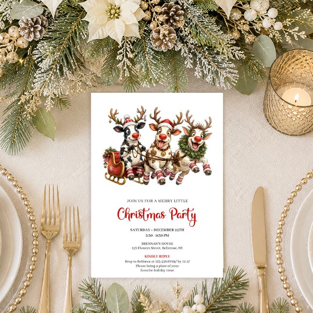 Convite para Festa de Natal de Vaca Divertida e Ca (Whimsical Funny Cow Christmas Party Invitation Design

)