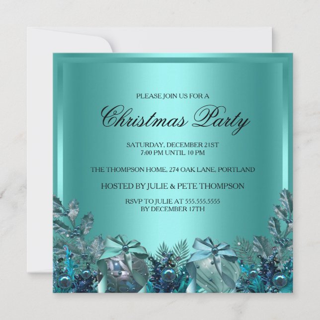 Convite para Festa de Natal Pretty Blue Bauble & B (Frente)