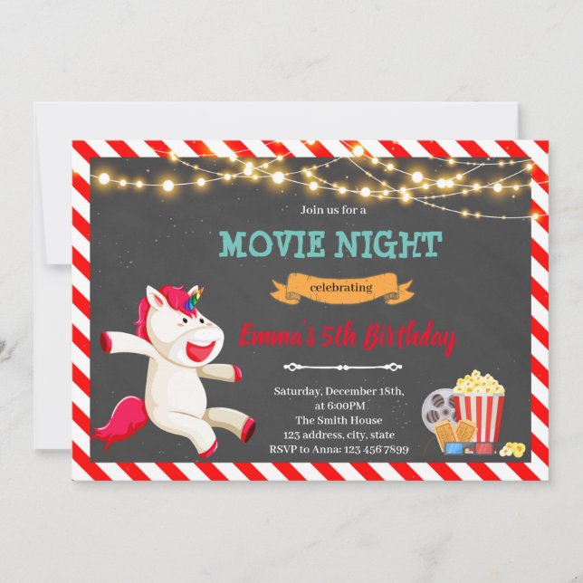 convite para festa de noite de cinema de unicórnio (Frente)