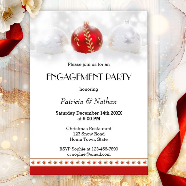Convite para Festa de noivado de dezembro ou Natal (Festive engagement party invitation with Christmas baubles in the snow and star ornaments)