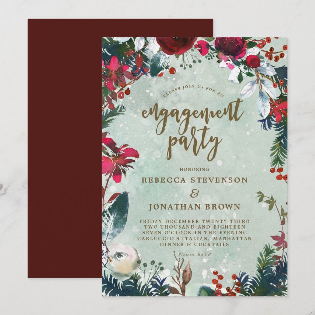 convite para festa de noivado de neve de inverno (Frente/Verso)