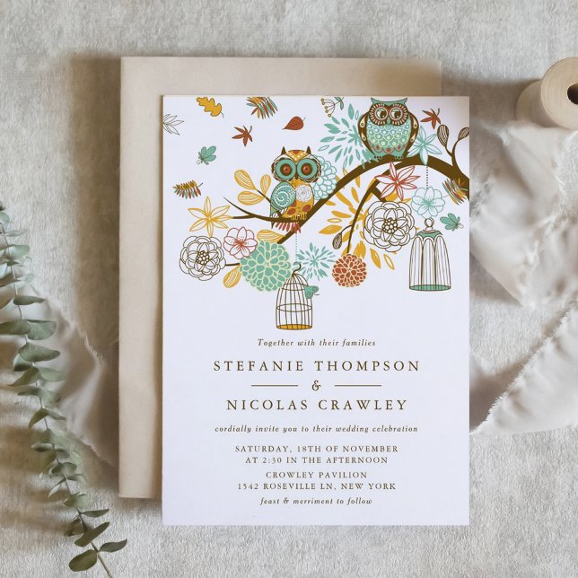 Convite para Festa de noivado do Whimsical Autumn  (Ornate Owls and Autumn Flowers Wedding Invitation)