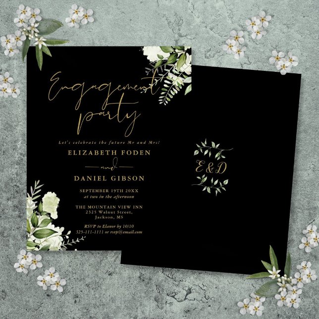 Convite para Festa de noivado Preta Dourada Floral (Budget Floral Gold Black Engagement Party Invite)