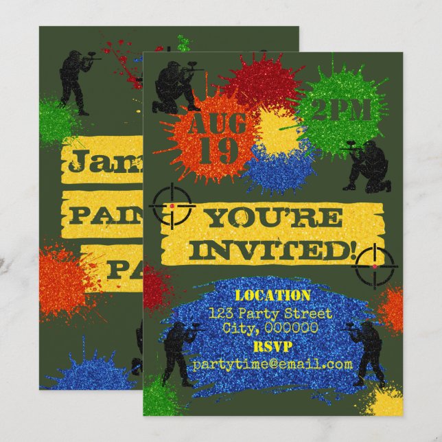 Convite para Festa de Paintball com Purpurina (Frente/Verso)