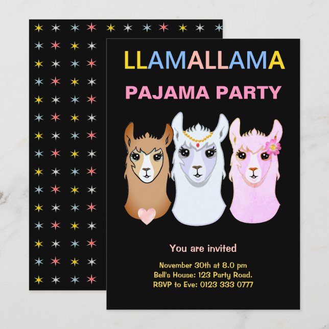 Convite para Festa de Pijama de Llama (Frente/Verso)