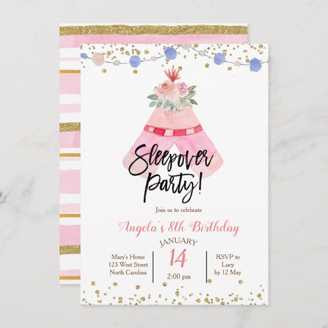 convite para festa de pijama na tenda (Frente/Verso)